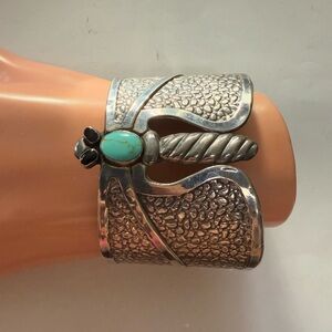 Scarce Mexican Sterling AMPARO DRAGONFLY w/ Turquoise Cuff Bracelet